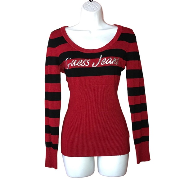 Guess Sweaters - Guess Jeans Red Black Stripe Ribbed Stretchy Sweater - Medium
